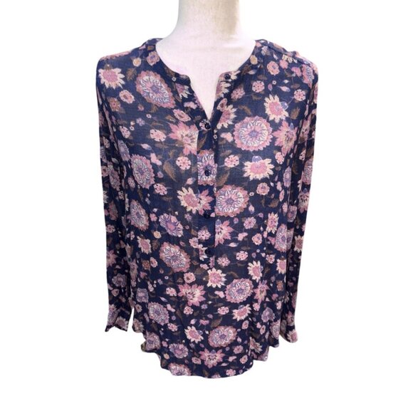 LUCKY BRAND Women's Tunic Popover Top Boho S Floral Blue Pink Sheer Peasant - Picture 1 of 6